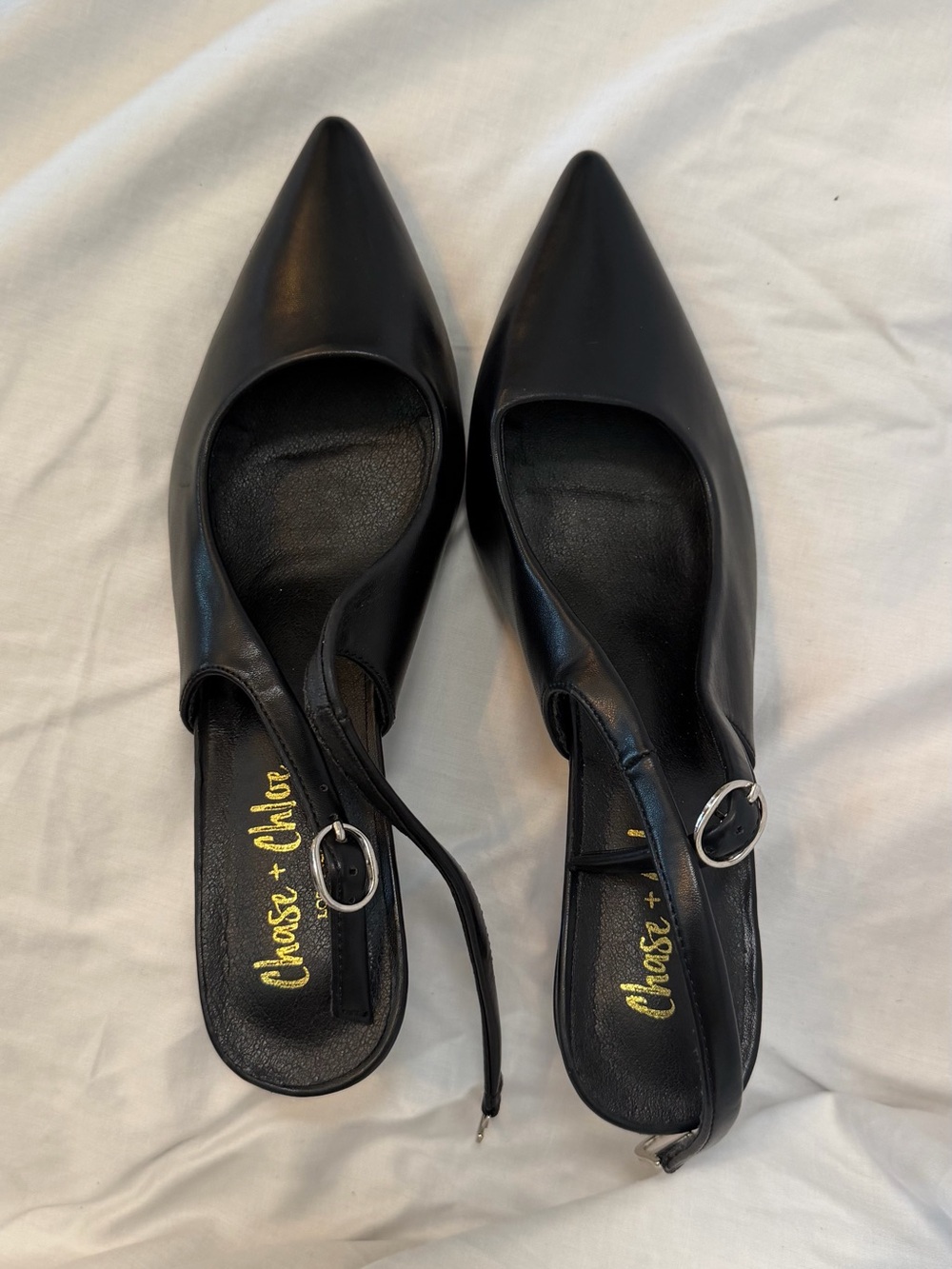 Chase + Chloe Black Pointed Slingback Flats with Buckley